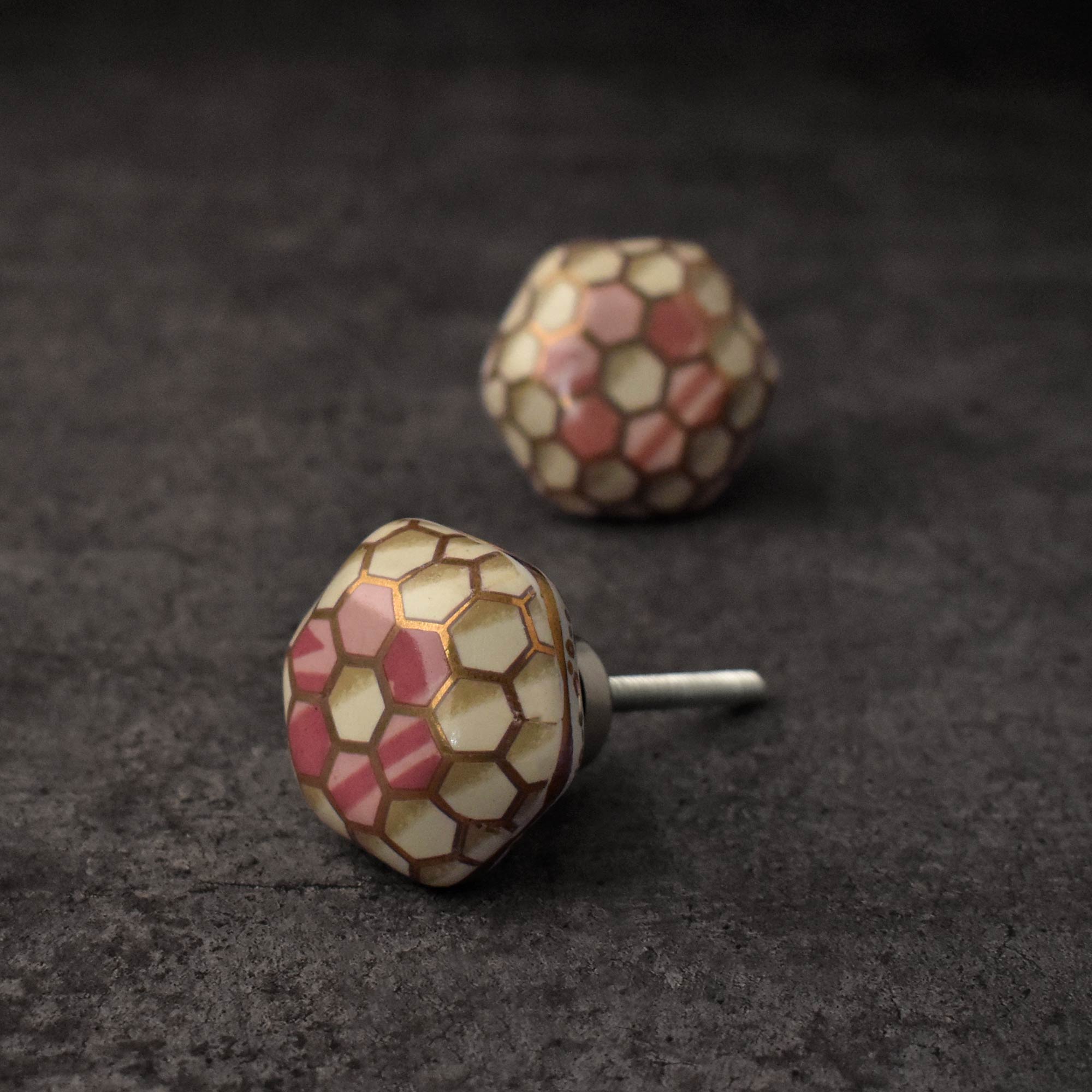 Pink Honeycomb Gold Ceramic Cabinet Dresser Knob