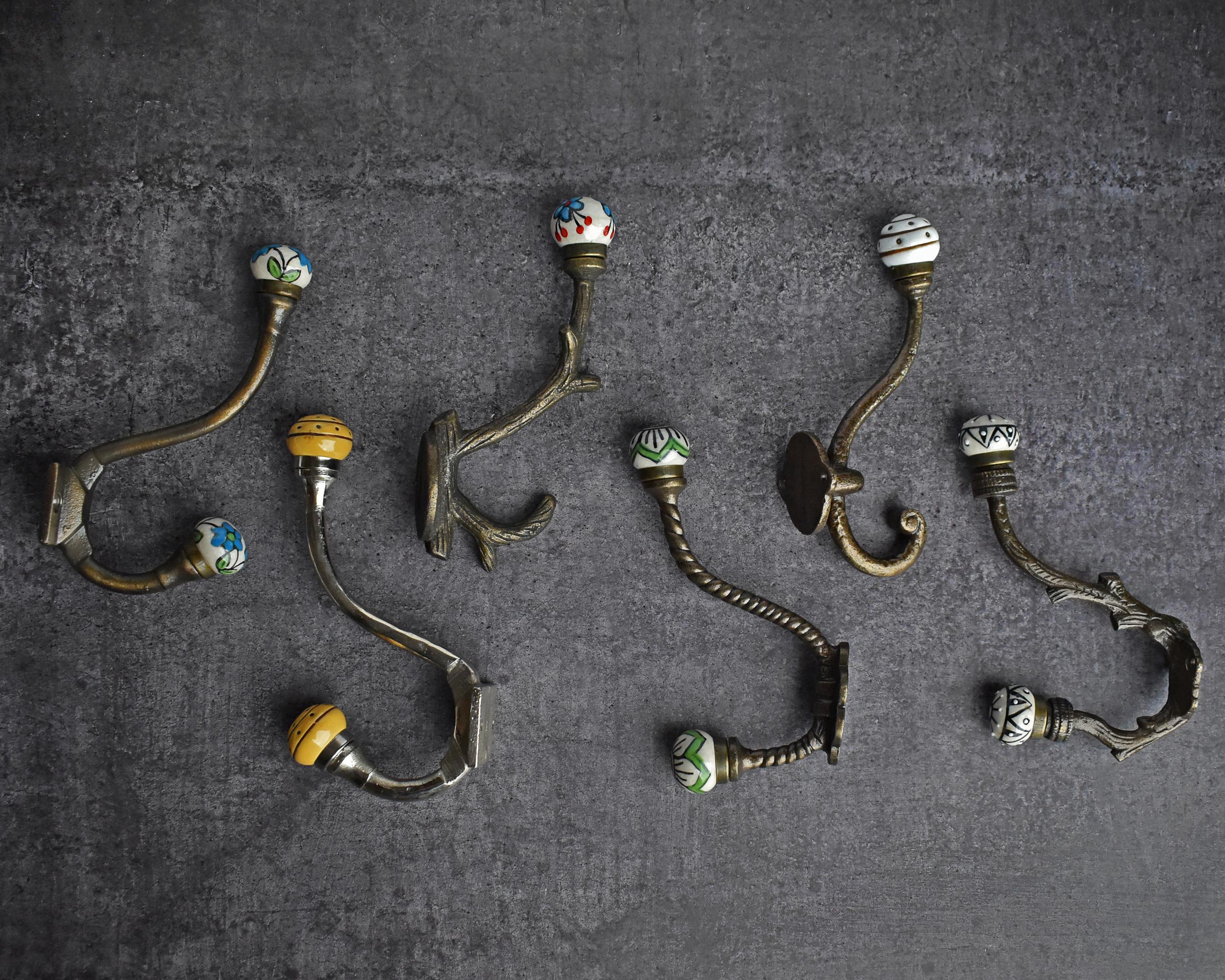 Ceramic Wall Hooks, Decorative Boho Brass Wall Hook, Coat Hook SET OF 4