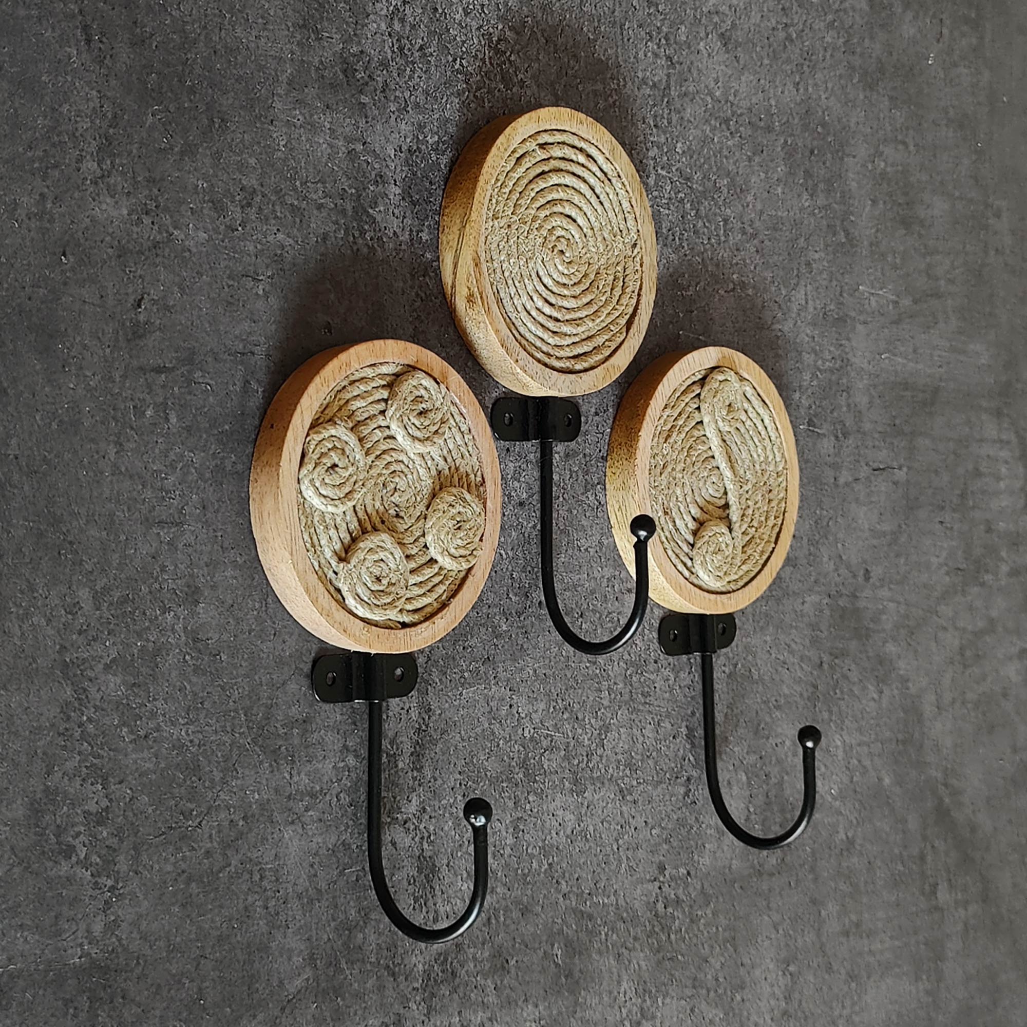 Set of 3 Handmade Wooden Wall Hooks Key Hangers, Boho Jute Hooks Keys  Holder Vintage Wood Hooks