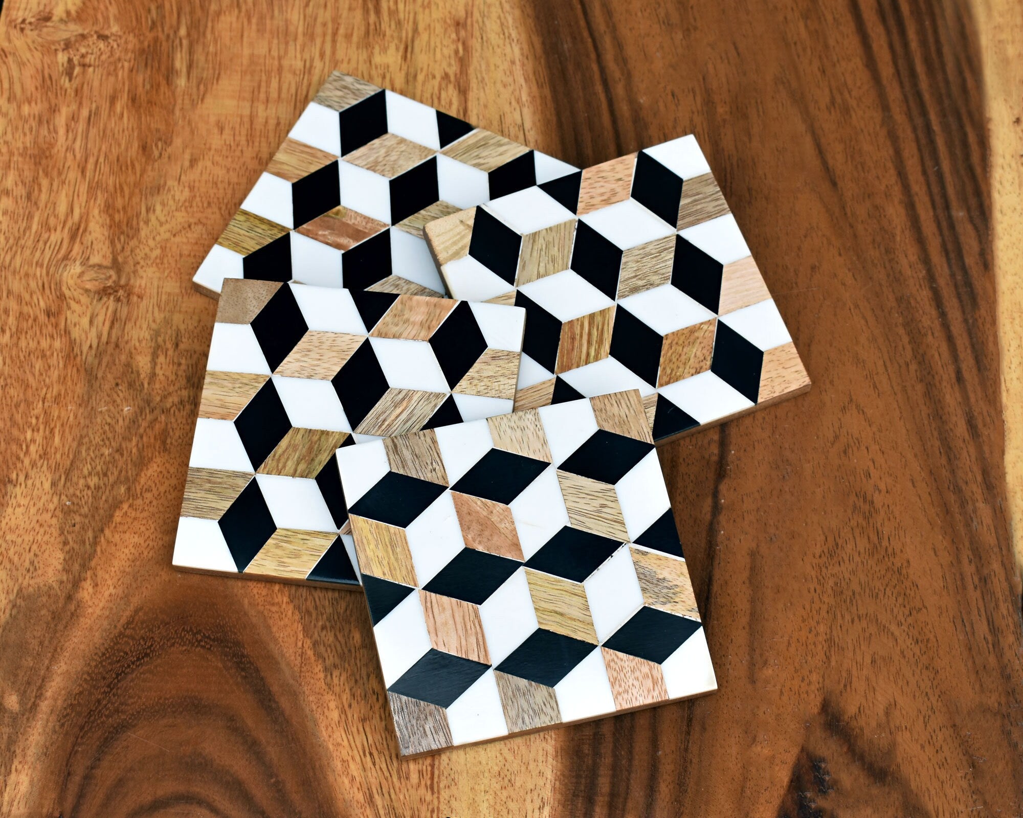 Handmade Wood Coasters with Resin Inlay Chequered Pattern Tea Drink Wo ...