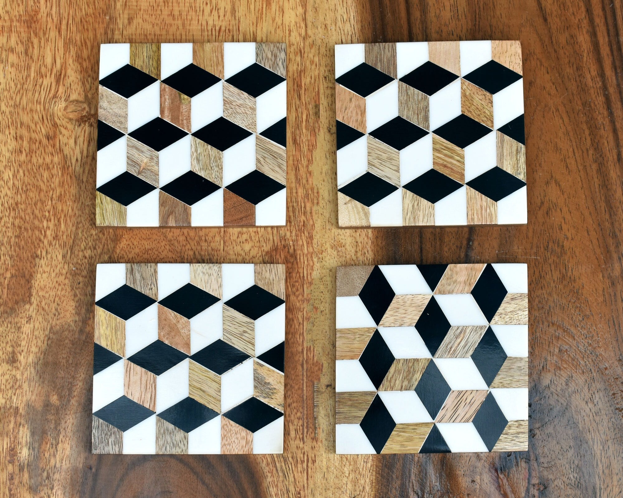 Handmade Wood Coasters with Resin Inlay Chequered Pattern Tea Drink Wo ...