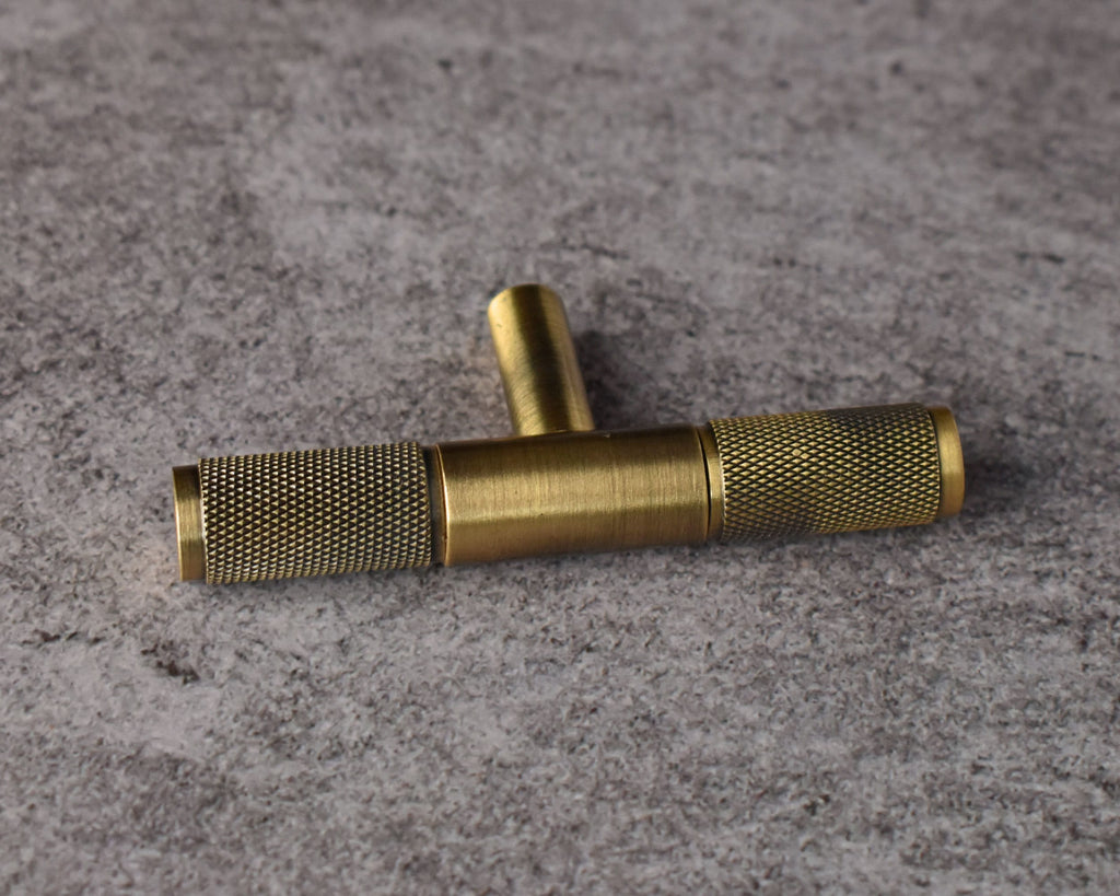 antique brass knurled t bar handle knob